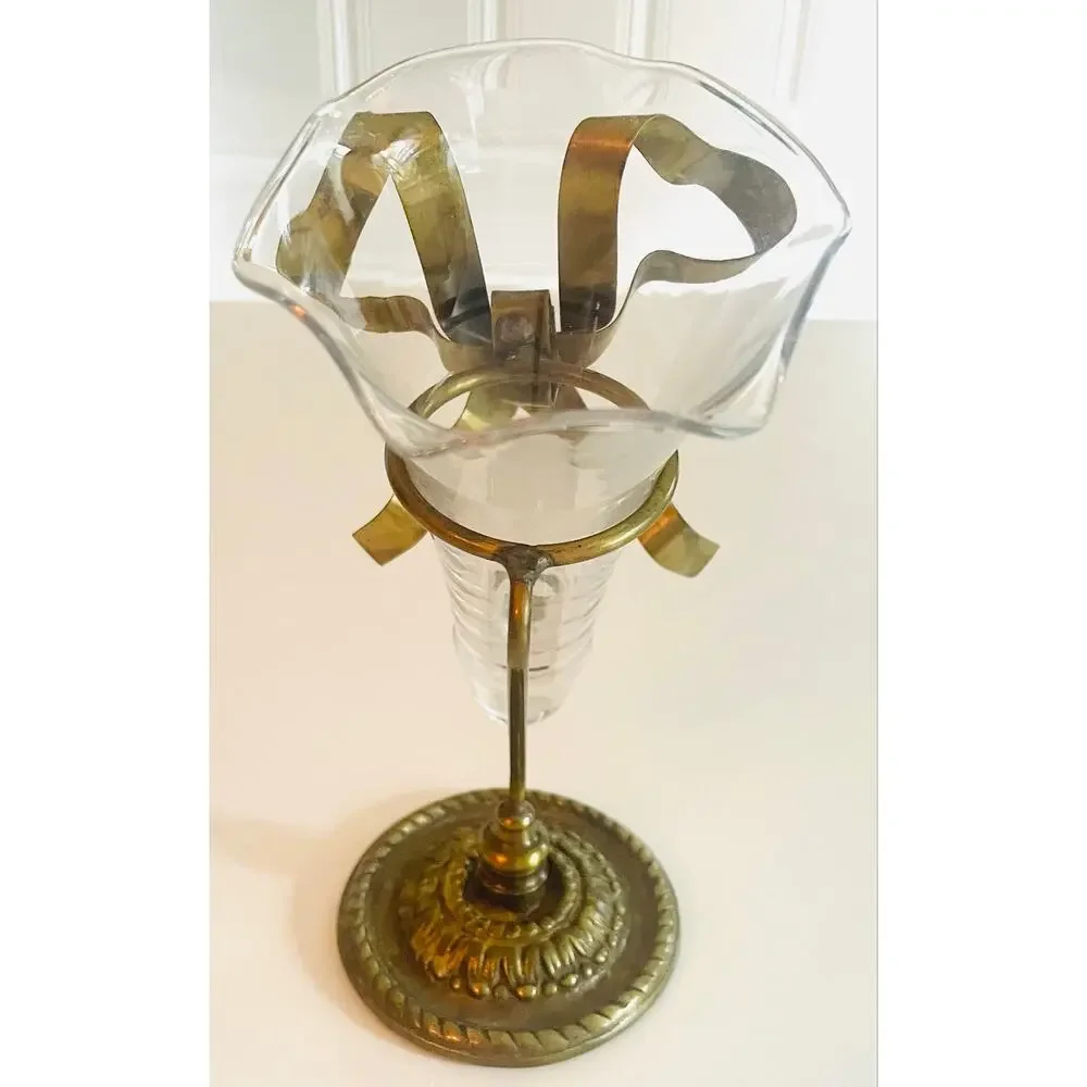 Vintage Petites Choses Brass Ribbon & Glass Bud Vase Trumpet Flute 6.5